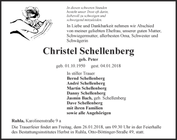 Traueranzeige von Christel Schellenberg von Thüringer Allgemeine, Thüringische Landeszeitung