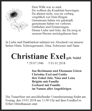 Traueranzeige von Christiane Exel von Thüringer Allgemeine, Thüringische Landeszeitung