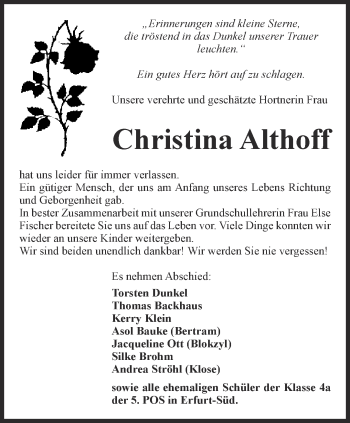 Traueranzeige von Christina Althoff von Thüringer Allgemeine, Thüringische Landeszeitung