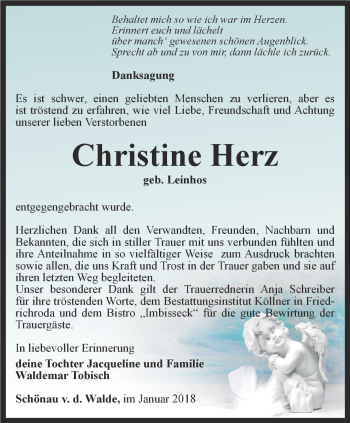 Traueranzeige von Christine Herz von Ostthüringer Zeitung, Thüringische Landeszeitung