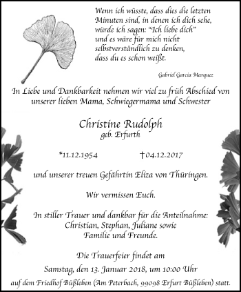 Traueranzeige von Christine Rudolph von Thüringer Allgemeine, Thüringische Landeszeitung