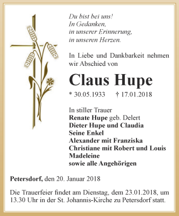 Traueranzeige von Claus Hupe von Thüringer Allgemeine