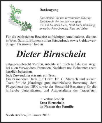 Traueranzeige von Dieter Birnschein von Thüringer Allgemeine, Thüringische Landeszeitung