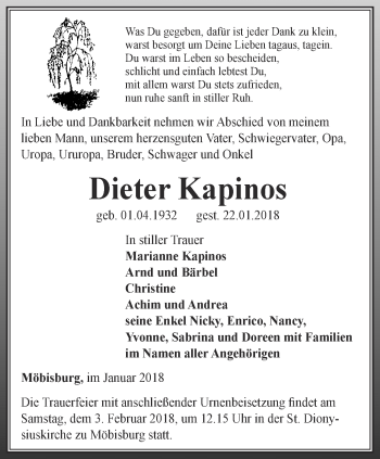 Traueranzeige von Dieter Kapinos von Thüringer Allgemeine, Thüringische Landeszeitung