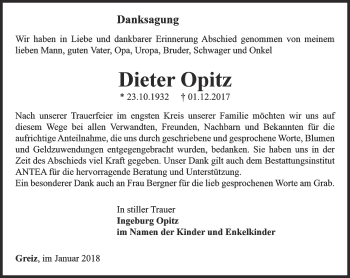 Traueranzeige von Dieter Opitz von Ostthüringer Zeitung