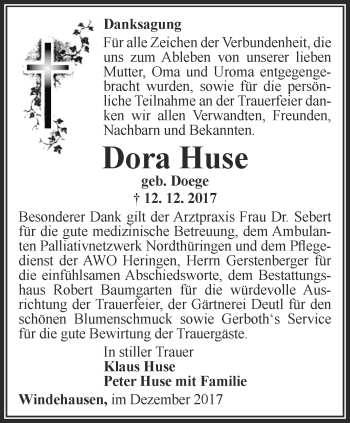 Traueranzeige von Dora Huse von Thüringer Allgemeine