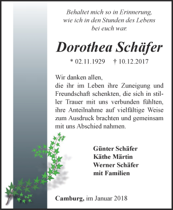 Traueranzeige von Dorothea Schäfer von Ostthüringer Zeitung, Thüringische Landeszeitung