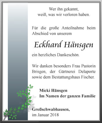 Traueranzeige von Eckhard Hänsgen von Thüringer Allgemeine, Thüringische Landeszeitung