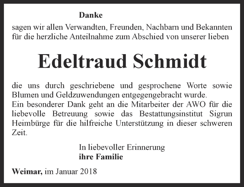  Traueranzeige für Edeltraud Schmidt vom 20.01.2018 aus Thüringer Allgemeine, Thüringische Landeszeitung
