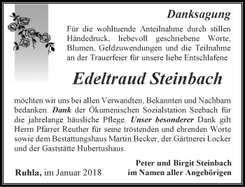 Traueranzeige von Edeltraud Steinbach von Thüringer Allgemeine, Thüringische Landeszeitung