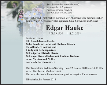Traueranzeige von Edgar Hauke von Ostthüringer Zeitung