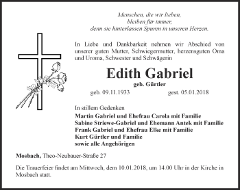 Traueranzeige von Edith Gabriel von Thüringer Allgemeine, Thüringische Landeszeitung