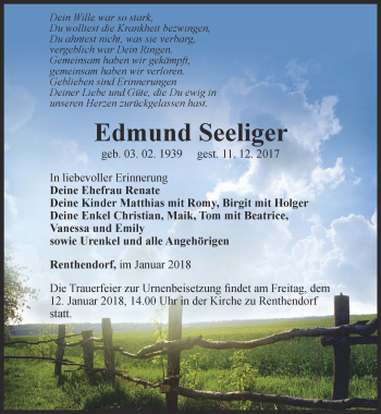 Traueranzeige von Edmund Seeliger von Ostthüringer Zeitung