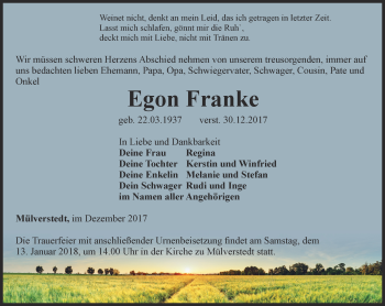 Traueranzeige von Egon Franke von Thüringer Allgemeine, Thüringische Landeszeitung