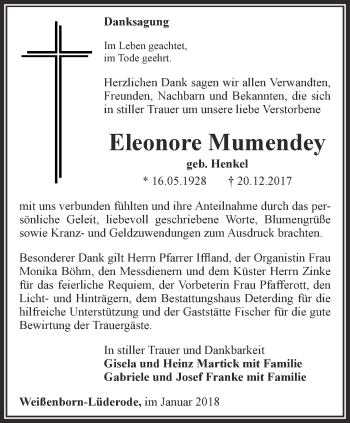 Traueranzeige von Eleonore Mumendey von Thüringer Allgemeine