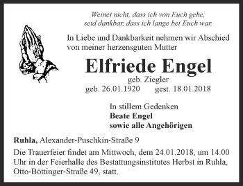 Traueranzeige von Elfriede Engel von Thüringer Allgemeine, Thüringische Landeszeitung