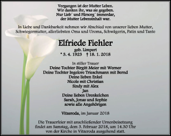 Traueranzeige von Elfriede Fiehler von Thüringer Allgemeine, Thüringische Landeszeitung