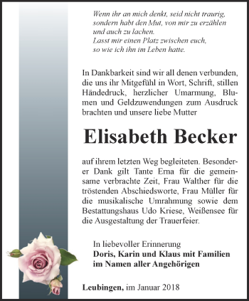 Traueranzeige von Elisabeth Becker von Thüringer Allgemeine