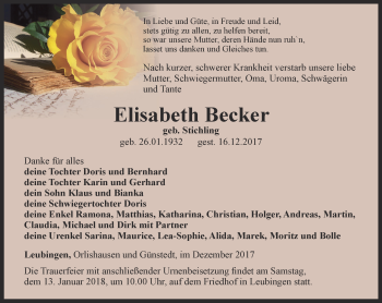 Traueranzeige von Elisabeth Becker von Thüringer Allgemeine