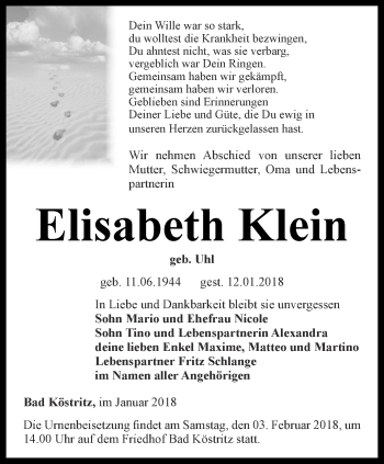 Traueranzeige von Elisabeth Klein von Ostthüringer Zeitung