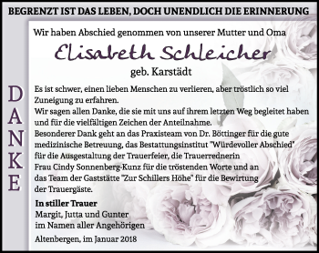 Traueranzeige von Elisabeth Schleicher von Ostthüringer Zeitung, Thüringische Landeszeitung