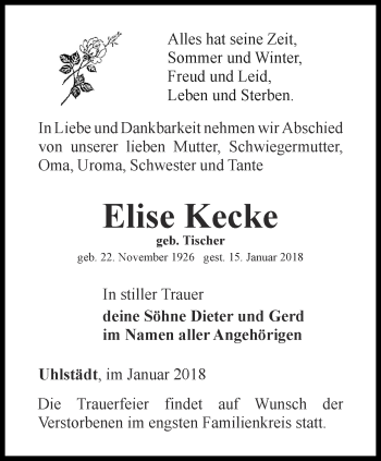 Traueranzeige von Elise Kecke von Ostthüringer Zeitung