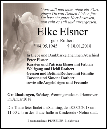 Traueranzeige von Elke Elsner von Thüringer Allgemeine