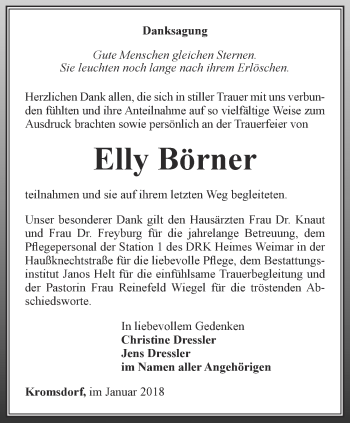 Traueranzeige von Elly Börner von Thüringer Allgemeine, Thüringische Landeszeitung