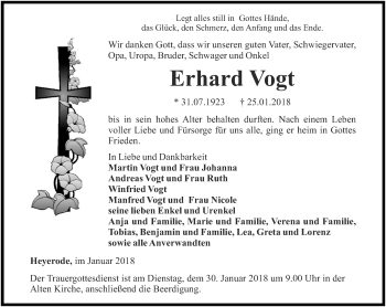 Traueranzeige von Erhard Vogt von Thüringer Allgemeine, Thüringische Landeszeitung