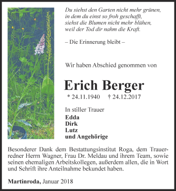 Traueranzeige von Erich Berger von Thüringer Allgemeine