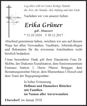 Traueranzeige von Erika Grüner von Ostthüringer Zeitung