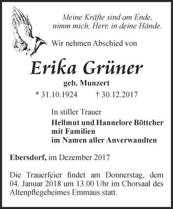 Traueranzeige von Erika Grüner von Ostthüringer Zeitung