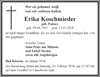 Traueranzeige von Erika Koschmieder von Ostthüringer Zeitung