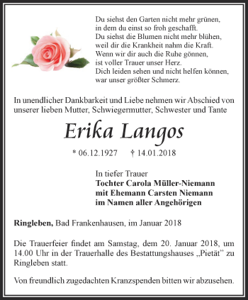 Traueranzeige von Erika Langos von Thüringer Allgemeine