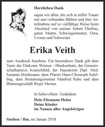 Traueranzeige von Erika Veith von Thüringer Allgemeine, Thüringische Landeszeitung