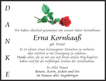 Traueranzeige von Erna Kornhaaß von Ostthüringer Zeitung, Thüringische Landeszeitung
