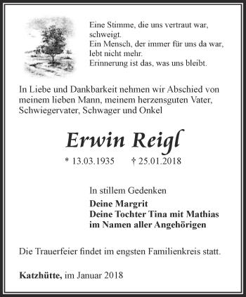 Traueranzeige von Erwin Reigl von Ostthüringer Zeitung