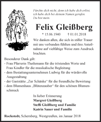 Traueranzeige von Felix Gleißberg von Thüringer Allgemeine