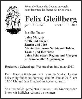Traueranzeige von Felix Gleißberg von Thüringer Allgemeine