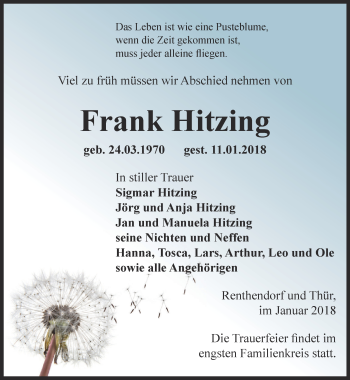 Traueranzeige von Frank Hitzing von Ostthüringer Zeitung