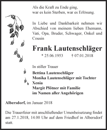 Traueranzeige von Frank Lautenschläger von Ostthüringer Zeitung