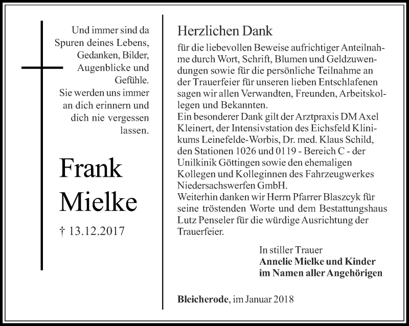  Traueranzeige für Frank Mielke vom 13.01.2018 aus Thüringer Allgemeine