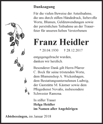 Traueranzeige von Franz Heidler von Thüringer Allgemeine