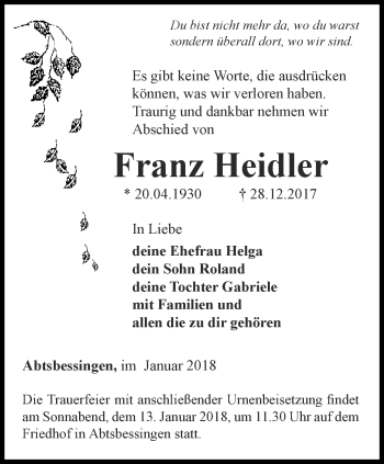 Traueranzeige von Franz Heidler von Thüringer Allgemeine