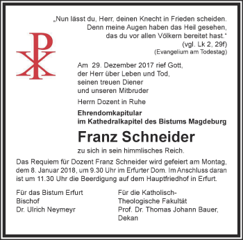 Traueranzeige von Franz Schneider von Thüringer Allgemeine, Thüringische Landeszeitung
