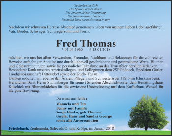 Traueranzeige von Fred Thomas von Ostthüringer Zeitung