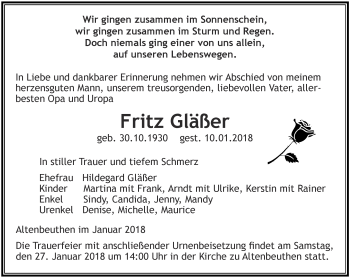 Traueranzeige von Fritz Gläßer von Ostthüringer Zeitung