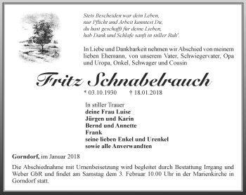 Traueranzeige von Fritz Schnabelrauch von Ostthüringer Zeitung