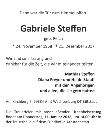 Traueranzeige von Gabriele Steffen von Thüringer Allgemeine