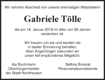 Traueranzeige von Gabriele Tölle von Thüringer Allgemeine